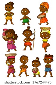 African people. Man, woman, children character in traditional tribal clothes set isolated on white background. Vector native black skinned people aborigine in ethnic African tribe costume illustration