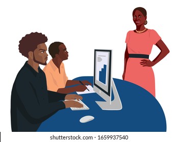 African people in the office. Business concept. Realistic portrait of young woman boss, manager and workers. Flat illustration on white background.