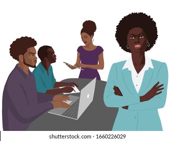 African people in the office. Realistic portrait of smiling lady boss, manager and workers. Business concept. Flat illustration on white background. 