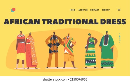African People Pairs in Traditional Clothes Landing Page Template. Male or Female Characters in Colorful National Costumes and Headwear of Africa, Primitive Tribal Culture. Cartoon Vector Illustration