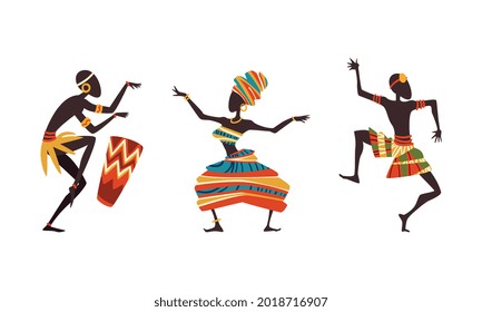 African People in Ritual Dance, Aborigines in Ethnic Traditional Clothing Dancing and Playing Drum Cartoon Vector Illustration