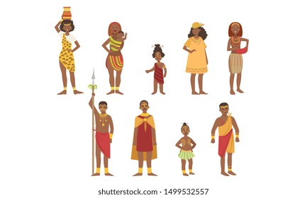 African People Set, Aboriginal Men, Women and Kids in Bright Traditional Tribal Clothing Vector Illustration