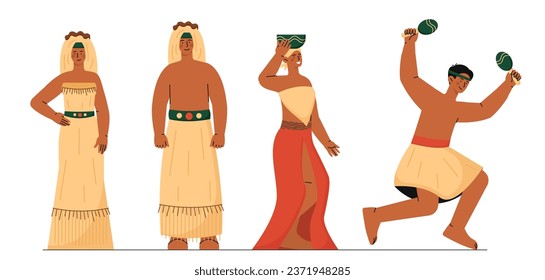 African people set. Men and women intraditional clothes. Culture, ethnicity and history. Girl with jug and guy with maracases. Cartoon flat vector collection isolated on white background