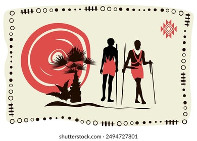 African people silhouettes with ethnic pattern and trees, pattern frame, black and red colors. Vector illustration	
