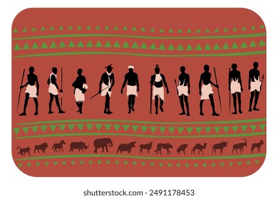 African people silhouettes, hunters, herdsmans, african animals. Vector illustration