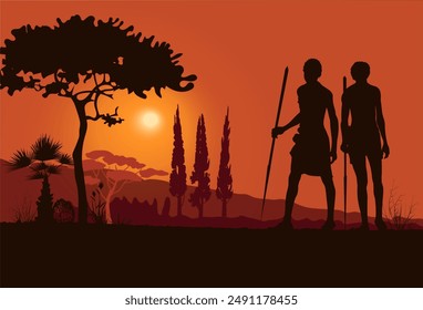 African people silhouettes with african landscape on red background. Vector illustration	
