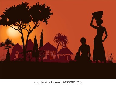 African people silhouettes with african landscape on red background. Vector illustration	