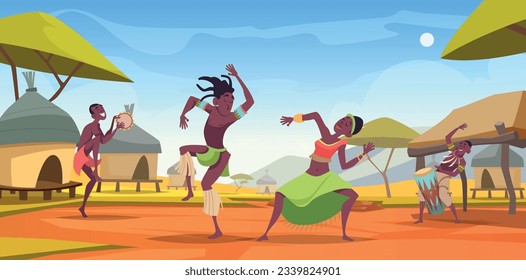 African people. Tribal authentic african characters outdoor landscape moving and dancing exact vector cartoon template