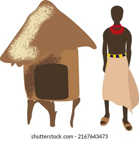 African people vector illustration. Black women in colorful dress, skirt and hut in Africa, poverty in world. Manual labor, agriculture, hunger in Africa. Life of african people .