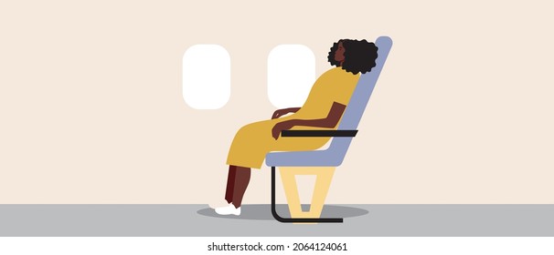 African person on the plane. Flat vector stock illustration. African woman is sitting in a chair. Airplane with an elluminator. Comfortable flight. Passenger with an airplane. Vector graphics