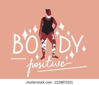 Persona africana con vitiligo, texto corporal positivo. Ilustración de material vectorial plano. Diferente piel, enfermedad de vitiligo. Mirando la piel. Letras motivadoras. Concepto de aceptación del cuerpo