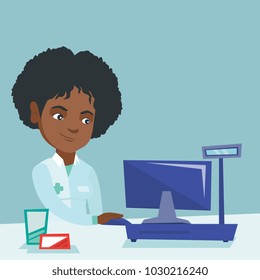 African pharmacist in a medical gown standing behind the counter with a computer in the pharmacy. Young pharmacist working on a computer in a drugstore. Vector cartoon illustration. Square layout.
