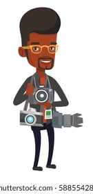 African photographer with many photo cameras equipment. Cheerful paparazzi with many cameras. Professional journalist with many cameras. Vector flat design illustration isolated on white background.