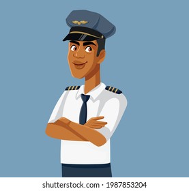 African Pilot Standing with Arms Crossed Vector Illustration. Smiling confident handsome airplane commander office 
