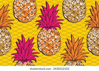 African Pineapple Summer Fashion, Vibrant Seamless Pattern. Textile Art, Ethnic Artwork for Fabric Printing on Stylish Clothing and Bags