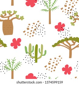 African Plants vector seamless pattern. Collection of hand drawn elements made in doodle style. Endless silhouette background package, t-shirts, merch design. 