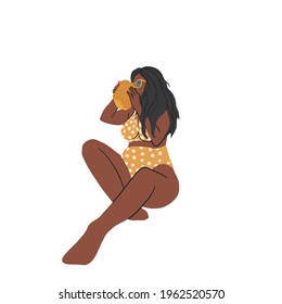 African Plus size girl drinks coconut water. Body positive concept. Attractive overweight black woman in cute swimsuit. Concept for fat acceptance movement no fatphobia. Cartoon vector illustration