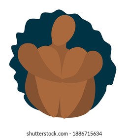 African plus size woman sitting hugging her legs. Plump, curvy model with long hair. Beautiful plump, overweight girl resting. Body positive.