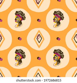 African polka dot pattern with beautiful woman portrait. Vector seamless afro girl background