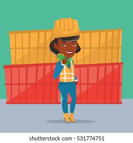 An african port worker in hard hat talking on wireless radio. Port worker standing on cargo containers background. Port worker using wireless radio. Vector flat design illustration. Square layout.