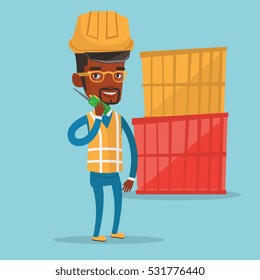 An african port worker in hard hat talking on wireless radio. Port worker standing on cargo containers background. Port worker using wireless radio. Vector flat design illustration. Square layout.