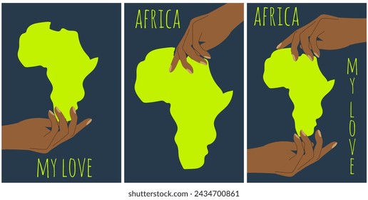 Afrikanisches Postkartenset mit Afrika-Kontinent in der Hand. Festland von Afrika in traditioneller afrikanischer Farbe im trendigen Retro-Flat-Stil. Vektor-Illustration kann verwendet Karte Poster Banner Design. EPS 10