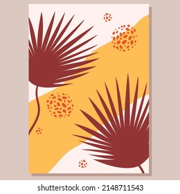 African poster with tropical plant leaves. Wild natural vegetation, savanna flora, tribal afro traditional culture, jungle flowers, decorative palm tree vector illustration