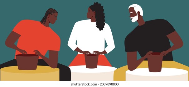 African pottery, achievements of the African people. Flat vector stock illustration. Community of sculptors. Ceramic grade. African people work together. Vector graphics