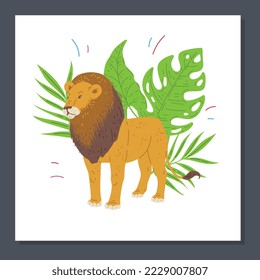African powerful lion character flat vector illustration isolated on white background. Lion wild animal with green tropical plants leaves for decorative prints.