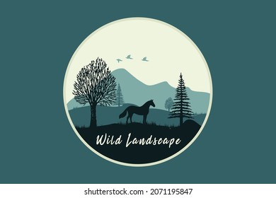 African prairie animal black silhouette logo design. the horse delivers among the trees. Wild landscape.