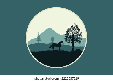 African prairie animal black silhouette logo design. the horse delivers among the trees. Wild landscape.