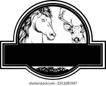 African prairie animal black silhouette logo design. the horse delivers among the trees.