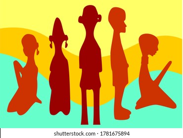 African praying statuettes. Isolated. Digitized.