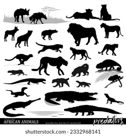 African predator silhouettes set with wildlife scenes. African savannah animals. Vector illustration.	
