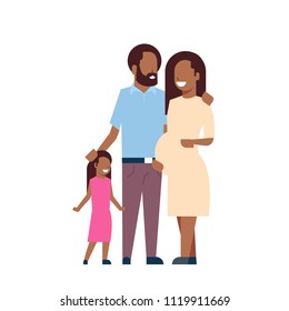 african pregnant mother father daughter full length avatar on white background, successful family concept, flat cartoon vector illustration