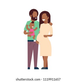 african pregnant mother father hold baby son full length avatar on white background, successful family concept, flat cartoon vector illustration