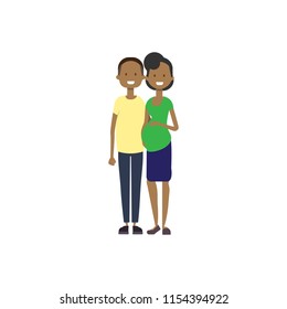 african pregnant smiling wife happy husband full length avatar on white background, successful family concept, flat cartoon vector illustration