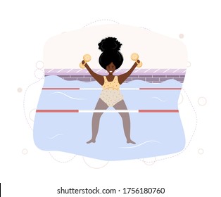 African pregnant woman in bikini in pool. Aqua fitness and aerobic. Healthy lifestyle. Young mother exercising in water with weights. Vector illustration in flat style. Cartoon character.