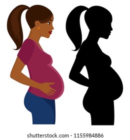 African pregnant woman, expecting a child. Hispanic latina womans black silhouete.Icon of future mommy in profile.Vector illustration of full body detailed character in a flat style, isolated on white