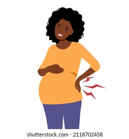 African pregnant woman having backache symptom in flat design on white background. Tired pregnant female.