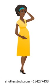 African pregnant woman holding her hand on forehead and belly and having a headache. Young pregnant woman with headache and stomach ache. Vector flat design illustration isolated on white background.