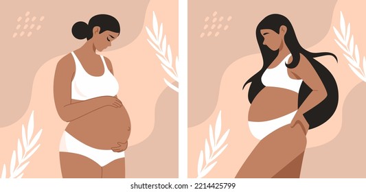 African pregnant woman holds her tummy. Healthy pregnancy. Motherhood. Happy Mother's Day. Flat minimalistic vector illustration. Poster with leaves background. Pregnant belly side view