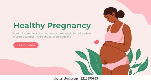 African Pregnant woman holds her belly. Happy, healthy pregnancy and motherhood banner. Happy mother's day. Flat cartoon vector illustration. Maternity, motherhood, family concept.  