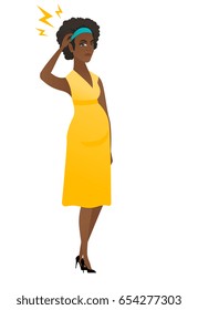 African pregnant woman with lightning over head. Full length of pregnant woman with lightning. Pregnant woman standing under lightning. Vector flat design illustration isolated on white background.