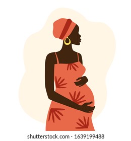 African pregnant woman. Motherhood. Vector illustration of a flat design