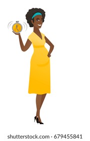 African pregnant woman showing ringing alarm clock. Full length of pregnant woman with alarm clock. Pregnant woman holding alarm clock. Vector flat design illustration isolated on white background.