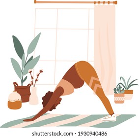 African pregnant woman in sportswear doing stretching physical exercises. Dark skin young mother with belly practicing prenatal yoga exercise class at home. Relaxation, stretching, working out. 