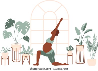 African pregnant woman in sportswear doing stretching physical exercises. Dark skin young mother with belly practicing prenatal yoga exercise class at home. Relaxation, stretching, working out. 