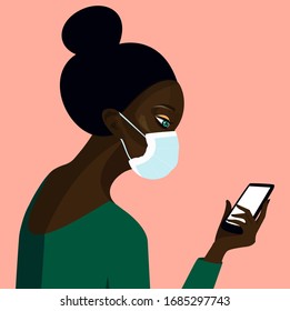 African pretty girl. Vector Illustration of Black Woman with  medical mask and phone in hand. Isolated on pink background.