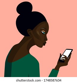 African pretty girl. Vector Illustration of Black Woman with phone in hand. Isolated on pink background.